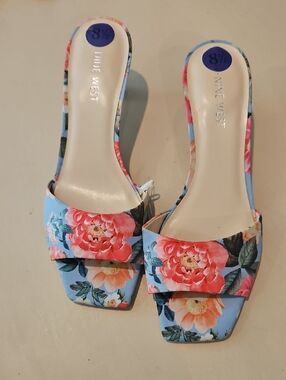 Nine West Blue Floral Slide Mules with Pink Coral Roses New No Box